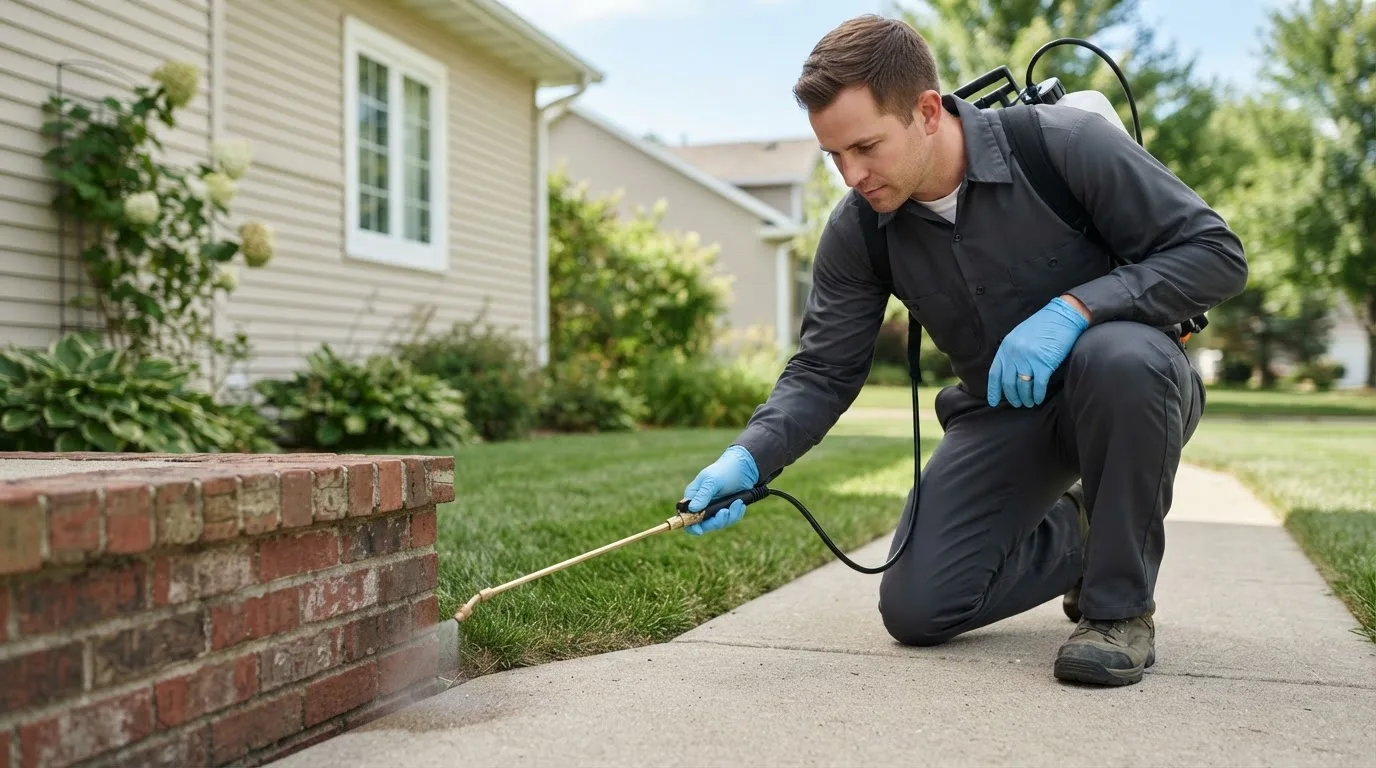 Pest control technician treating a home near South Bend, IN